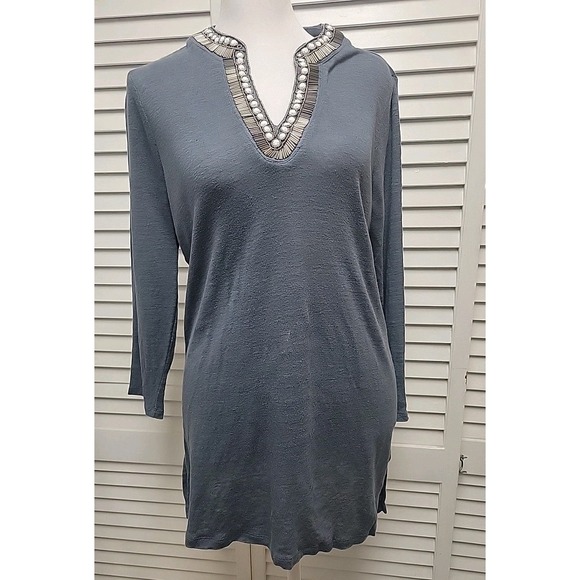 Chico's Tops - Chico's Dusty Blue Beaded Long Sleeve Tunic Top SZ M